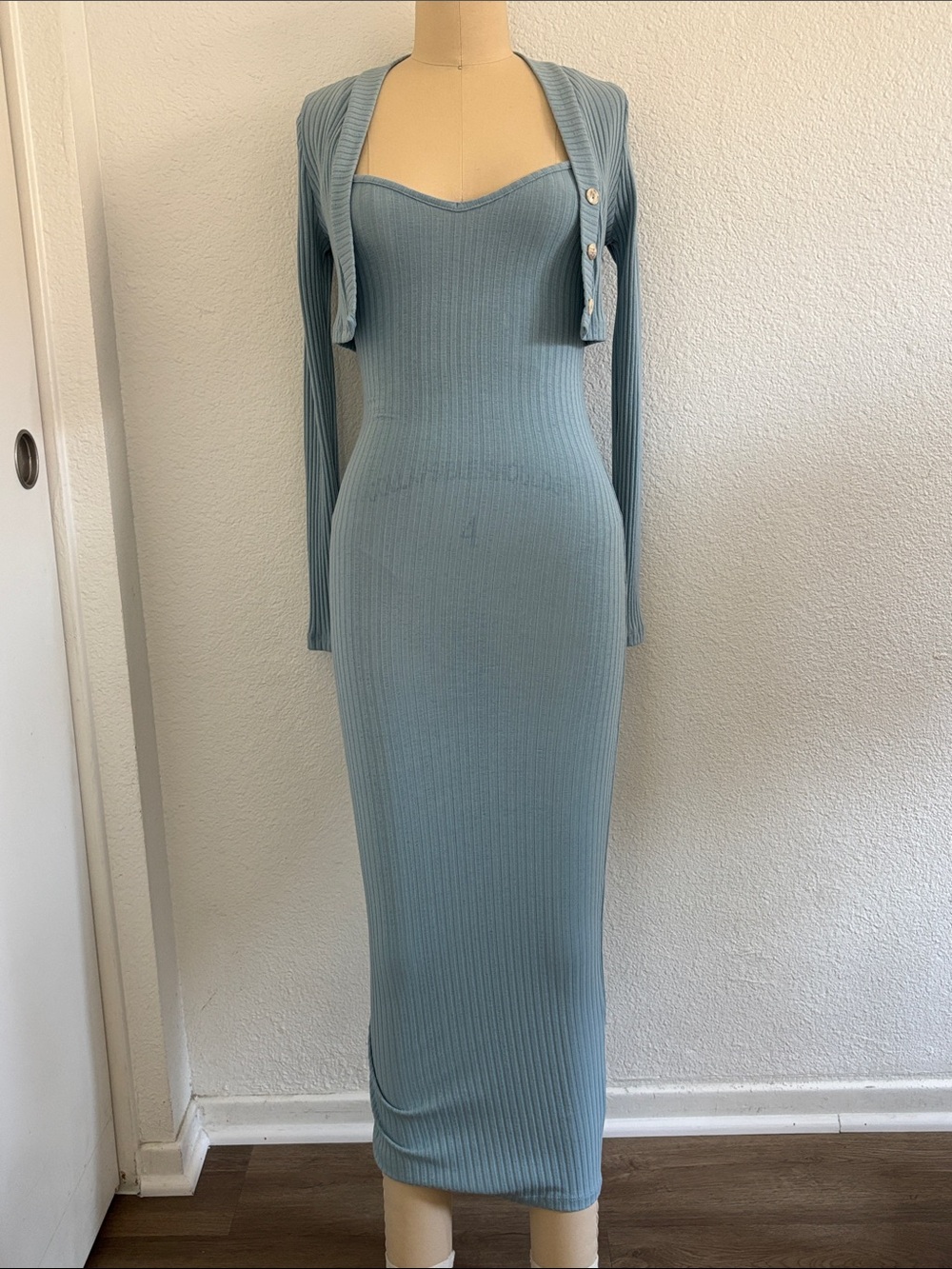 Fashion Nova Ribbed Maxi Dress with Matching Bolero - Dusty Blue